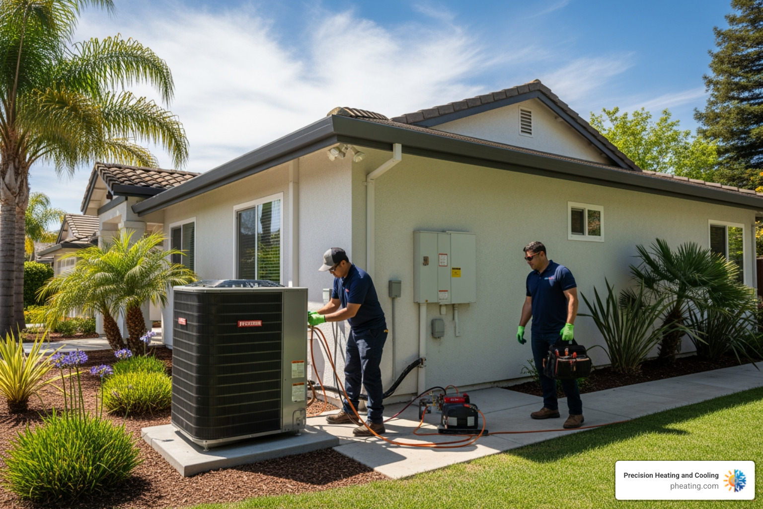 Infographic showing the heat pump process: outdoor unit extracts heat from air, refrigerant carries heat indoors through copper lines, indoor unit distributes warm or cool air through ducts or wall-mounted heads, and the cycle reverses for cooling in summer; includes labels for key components like compressor, reversing valve, and air handler - heat pump installation in sunnyvale ca