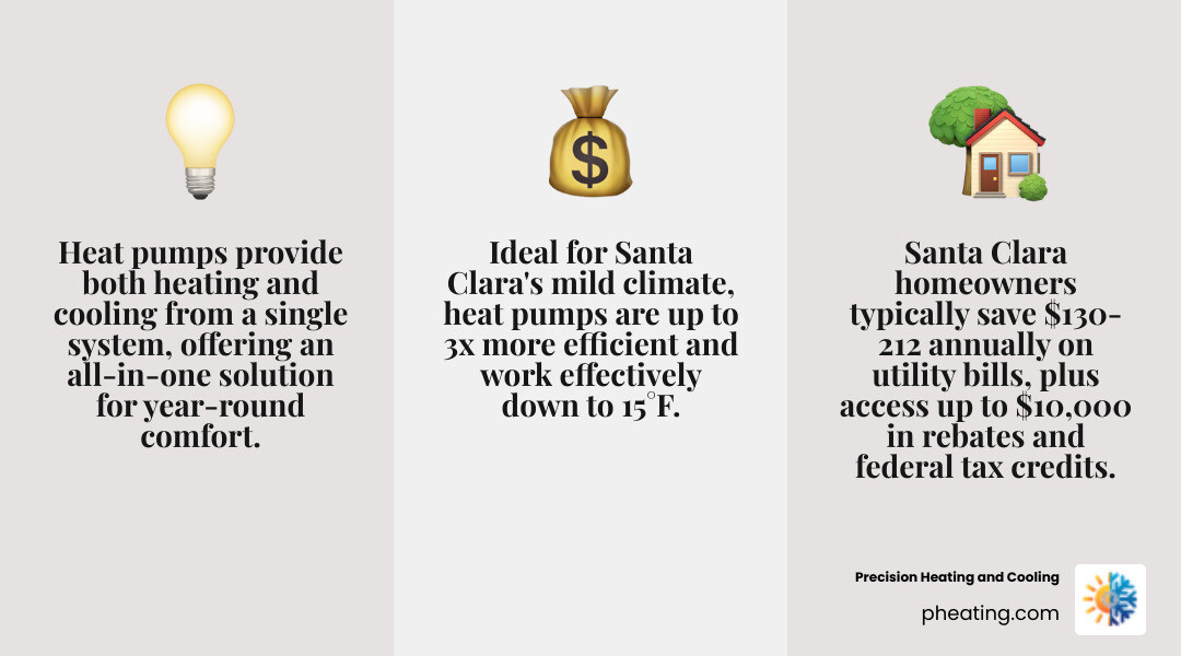 Infographic showing how heat pumps transfer heat in both heating and cooling modes, with arrows indicating refrigerant flow through outdoor and indoor units, plus key benefits like energy efficiency, dual functionality, and cost savings for Santa Clara homeowners - heat pump installation in santa clara ca infographic 3_facts_emoji_grey Infographic showing how heat pumps transfer heat in both heating and cooling modes, with arrows indicating refrigerant flow through outdoor and indoor units, plus key benefits like energy efficiency, dual functionality, and cost savings for Santa Clara homeowners - heat pump installation in santa clara ca infographic 3_facts_emoji_grey