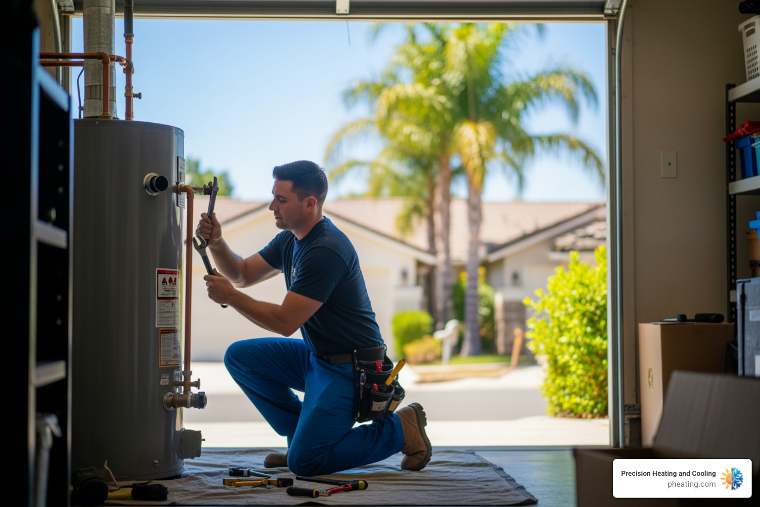 Infographic showing 3 immediate steps when your water heater leaks: Step 1 - Shut off the water supply at the valve near the unit, Step 2 - Turn off power by switching the circuit breaker to OFF for electric heaters or turning the gas valve to OFF for gas heaters, Step 3 - Call a licensed professional for same-day emergency repair - emergency water heater repair in sunnyvale, ca