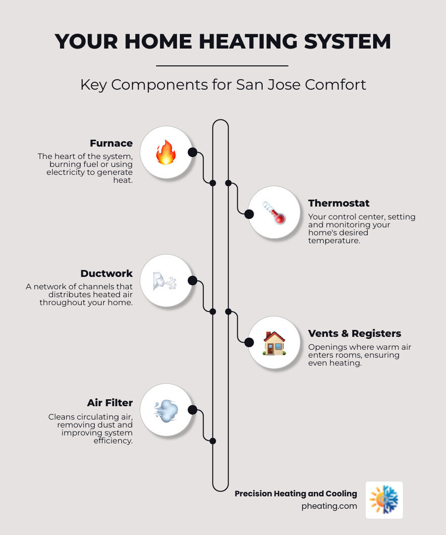 infographic showing the main components of a home heating system including furnace, thermostat, ductwork, vents, and air filter with labels explaining each part's role in keeping your San Jose home warm - heating services in san jose ca infographic infographic-line-5-steps-elegant_beige infographic showing the main components of a home heating system including furnace, thermostat, ductwork, vents, and air filter with labels explaining each part's role in keeping your San Jose home warm - heating services in san jose ca infographic infographic-line-5-steps-elegant_beige