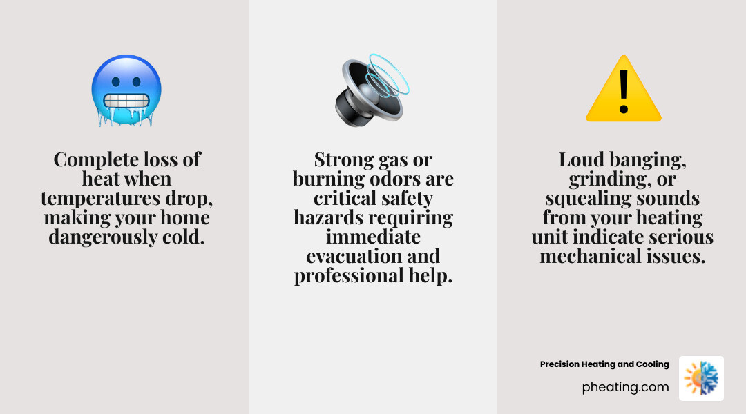 Infographic showing the top 3 signs of a heating emergency: a house icon with no heat symbol, sound waves indicating strange noises from a furnace, and a warning icon with a gas smell indicator - emergency heating services in san jose, ca infographic 3_facts