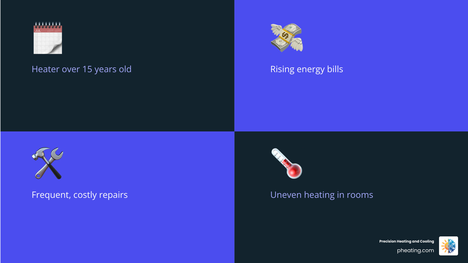 infographic showing five key signs you need a new heater: system over 15 years old, rising energy bills, frequent repairs, uneven heating between rooms, and strange noises or burning smells - best heater installation in sunnyvale, ca infographic 4_facts_emoji_blue infographic showing five key signs you need a new heater: system over 15 years old, rising energy bills, frequent repairs, uneven heating between rooms, and strange noises or burning smells - best heater installation in sunnyvale, ca infographic 4_facts_emoji_blue