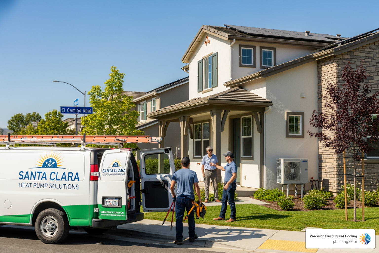 Infographic showing the key benefits of heat pump installation in Santa Clara: Energy Efficiency (up to 40% savings), Year-Round Comfort (heating and cooling in one system), Financial Incentives (rebates and tax credits), Long Lifespan (15-20 years with maintenance), and Eco-Friendly Operation (reduced carbon emissions compared to traditional systems) - heat pump installation company in santa clara, ca