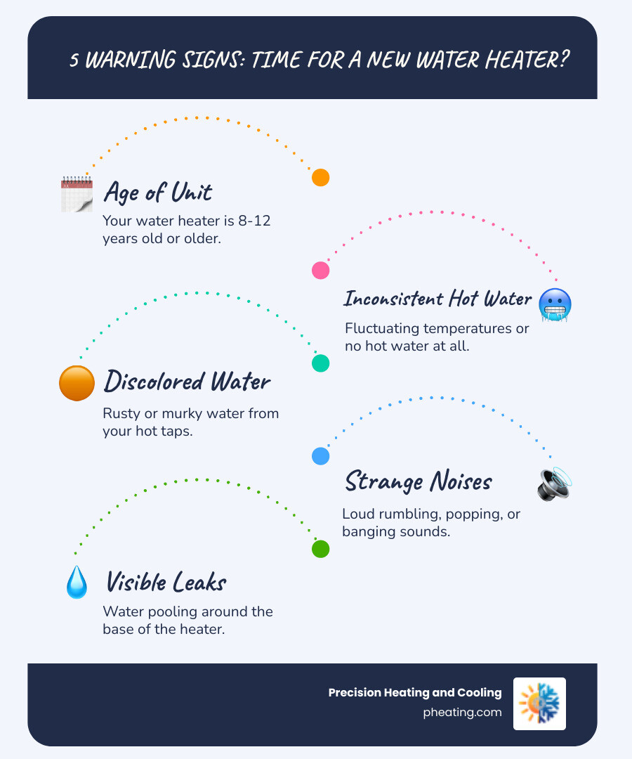 Infographic showing the 5 key warning signs your water heater needs replacement: 1) Unit is 8-12 years old or older, 2) Inconsistent or no hot water production, 3) Rusty or discolored water from hot taps, 4) Strange noises like rumbling or popping sounds, 5) Visible leaks or water pooling around the base - affordable water heater installation in santa clara, ca infographic infographic-line-5-steps-blues-accent_colors