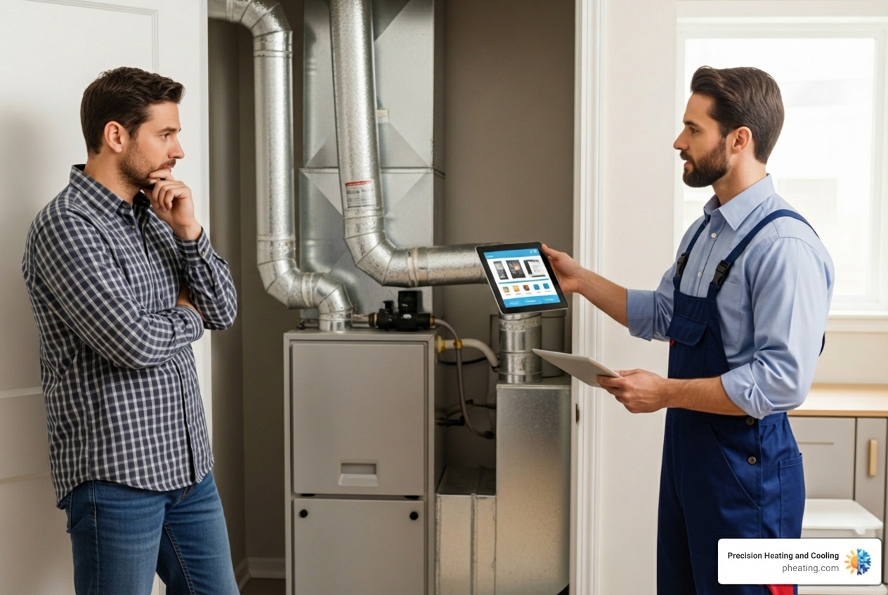Infographic showing the heater installation decision process: signs you need replacement (age over 15 years, frequent repairs, high energy bills, uneven heating), choosing the right system type (furnaces for reliability, heat pumps for efficiency, ductless for flexibility), and the professional installation steps (load calculation, proper sizing, safe installation, system testing, and warranty protection) - residential heater installation in san jose, ca