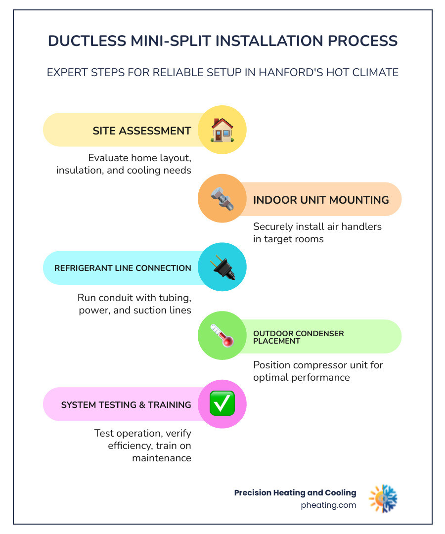 infographic showing the ductless mini-split installation process including site assessment, indoor unit mounting, refrigerant line connection, outdoor condenser placement, electrical hookup, system testing, and homeowner training with Manual J load calculation and permit requirements highlighted - ductless ac installation in hanford ca infographic infographic-line-5-steps-colors