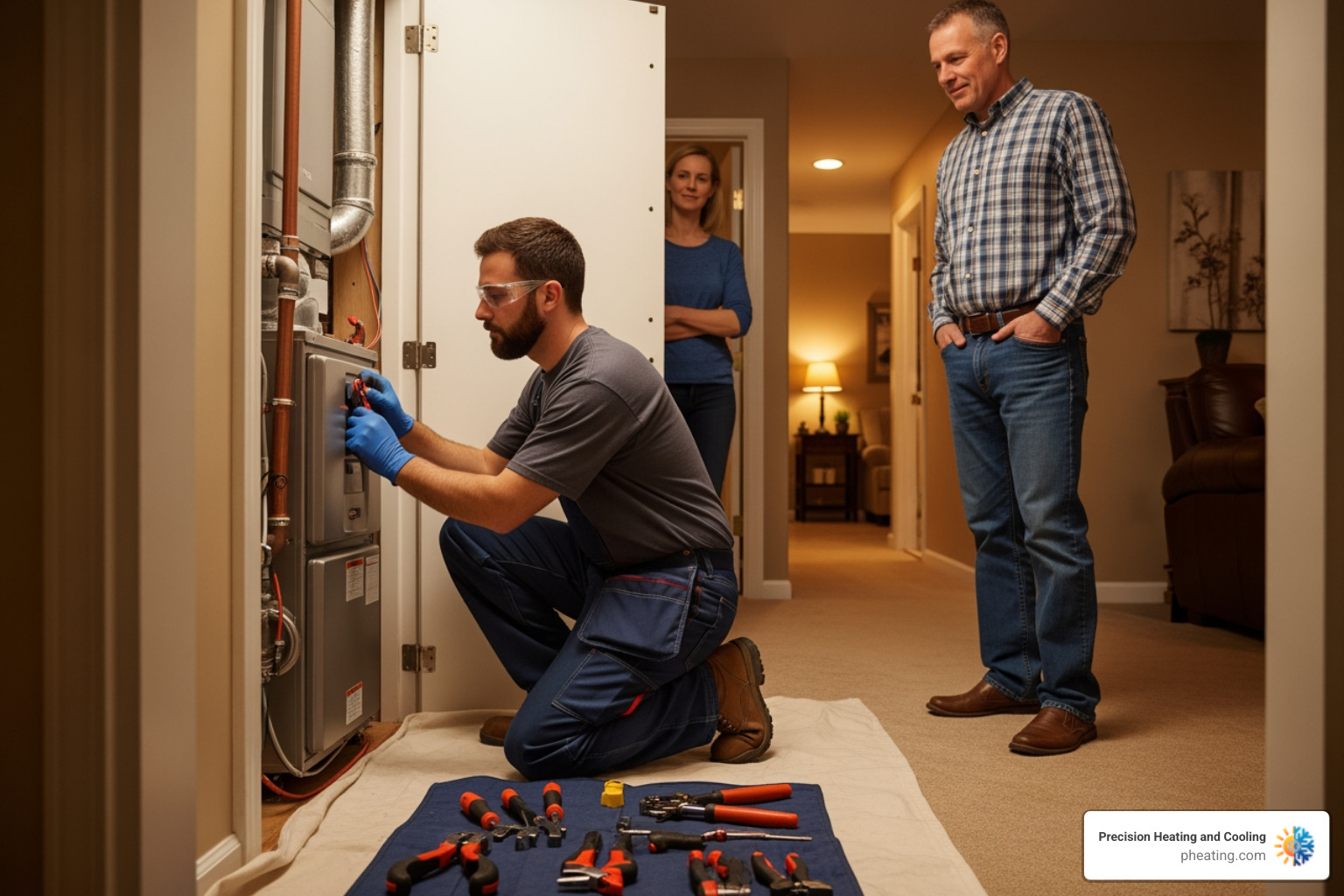 Infographic showing the heater installation process in Clovis CA: 1) Initial home assessment and load calculation, 2) System selection based on home size and efficiency needs, 3) Professional installation with old unit removal, 4) Safety testing and code compliance checks, 5) Homeowner walkthrough and maintenance training, 6) Ongoing support and annual tune-ups - heater installation in clovis ca