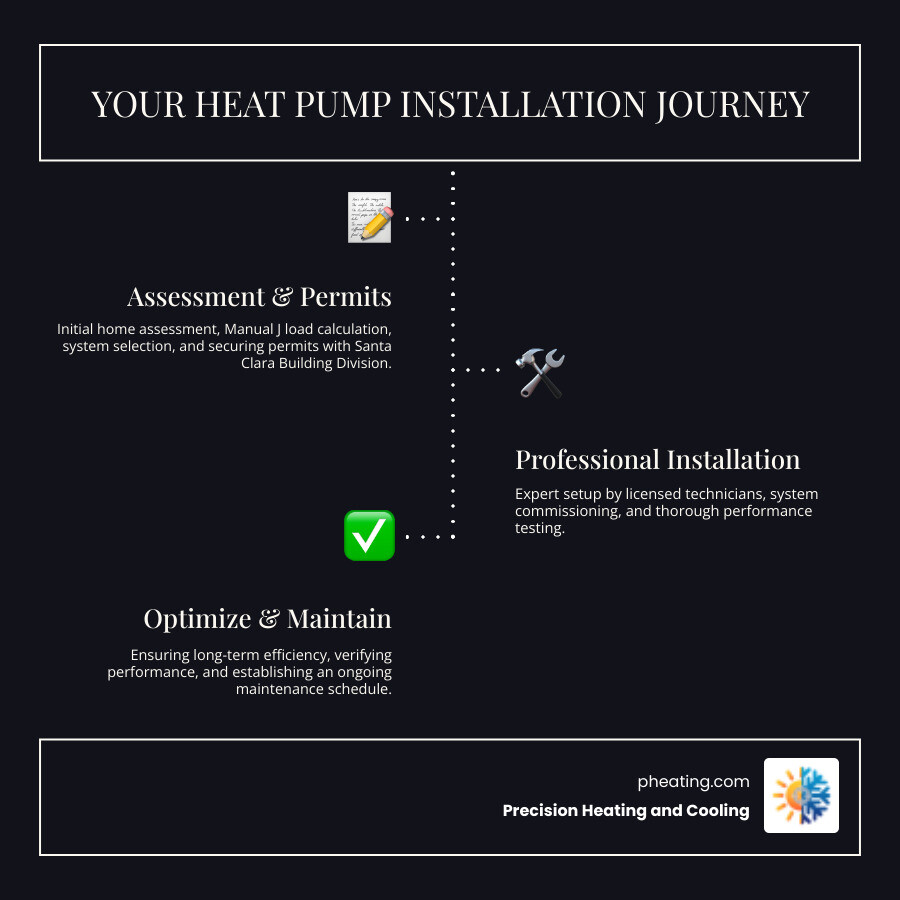 Infographic showing the complete heat pump installation process: home assessment and Manual J calculation, system selection based on home needs, permit application through City of Santa Clara, professional installation by licensed technicians, system commissioning and testing, and ongoing maintenance schedule - local heat pump installation in santa clara, ca infographic infographic-line-3-steps-dark