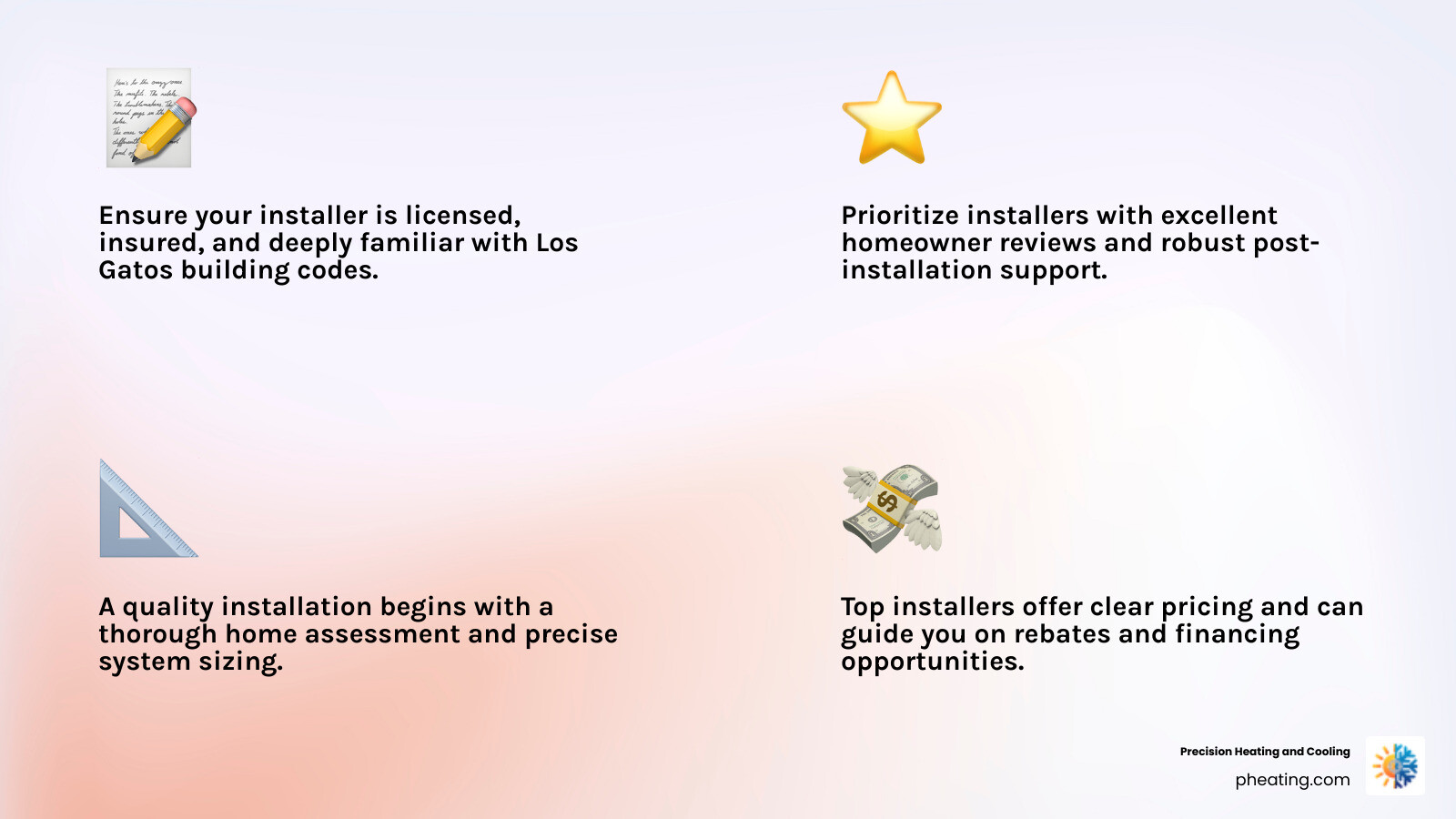 Infographic showing the key qualities of the best heat pump installers: licensed and insured status, local Los Gatos expertise, verified homeowner reviews, comprehensive assessment and sizing process, adherence to California building codes, post-installation support and maintenance plans, and available rebates and financing options - best heat pump installation in los gatos, ca infographic 4_facts_emoji_light-gradient Infographic showing the key qualities of the best heat pump installers: licensed and insured status, local Los Gatos expertise, verified homeowner reviews, comprehensive assessment and sizing process, adherence to California building codes, post-installation support and maintenance plans, and available rebates and financing options - best heat pump installation in los gatos, ca infographic 4_facts_emoji_light-gradient