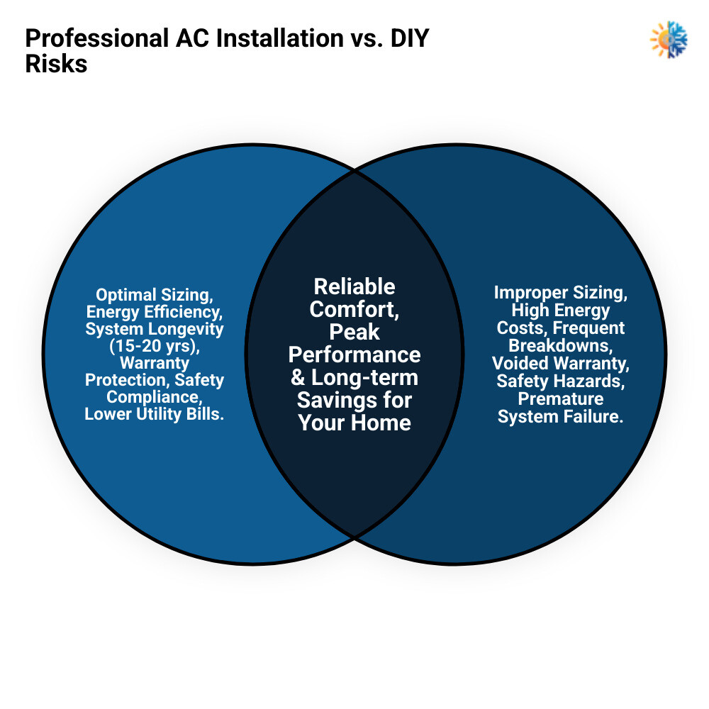 Infographic showing the benefits of professional AC installation including proper sizing, safe electrical connections, warranty protection, energy efficiency, and 15-20 year lifespan versus DIY risks like voided warranties, safety hazards, improper sizing, and premature system failure - ac installation company in cupertino, ca infographic venn_diagram