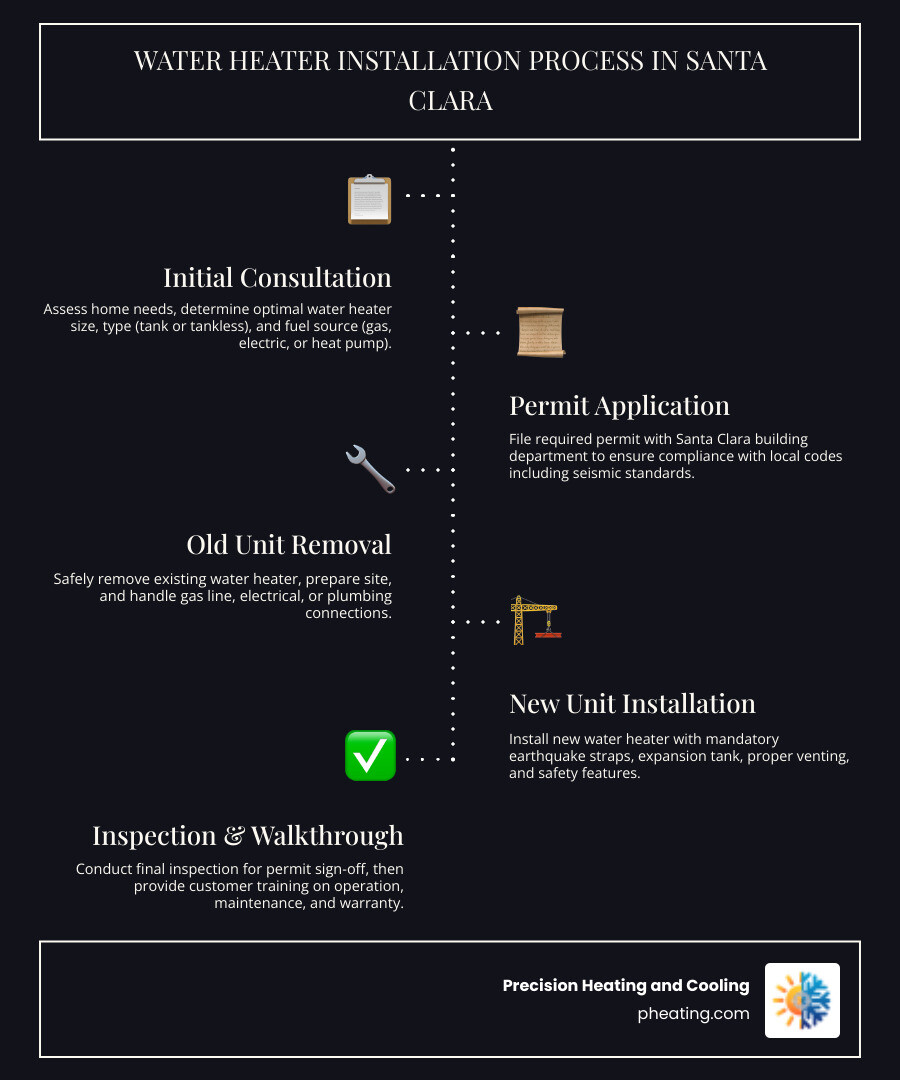 Infographic showing the water heater installation process in Santa Clara: Step 1 - Initial consultation and system assessment to determine proper size and type; Step 2 - Permit application filed with Santa Clara building department; Step 3 - Removal of old unit and site preparation including gas line or electrical connections; Step 4 - Installation of new water heater with earthquake straps, expansion tank, and proper venting; Step 5 - Final inspection and permit sign-off; Step 6 - Customer walkthrough covering operation, maintenance schedule, and warranty details. Timeline: typically 1 day for standard installations, with permit processing adding 1-3 days. - water heater installation technicians in santa clara, ca infographic infographic-line-5-steps-dark