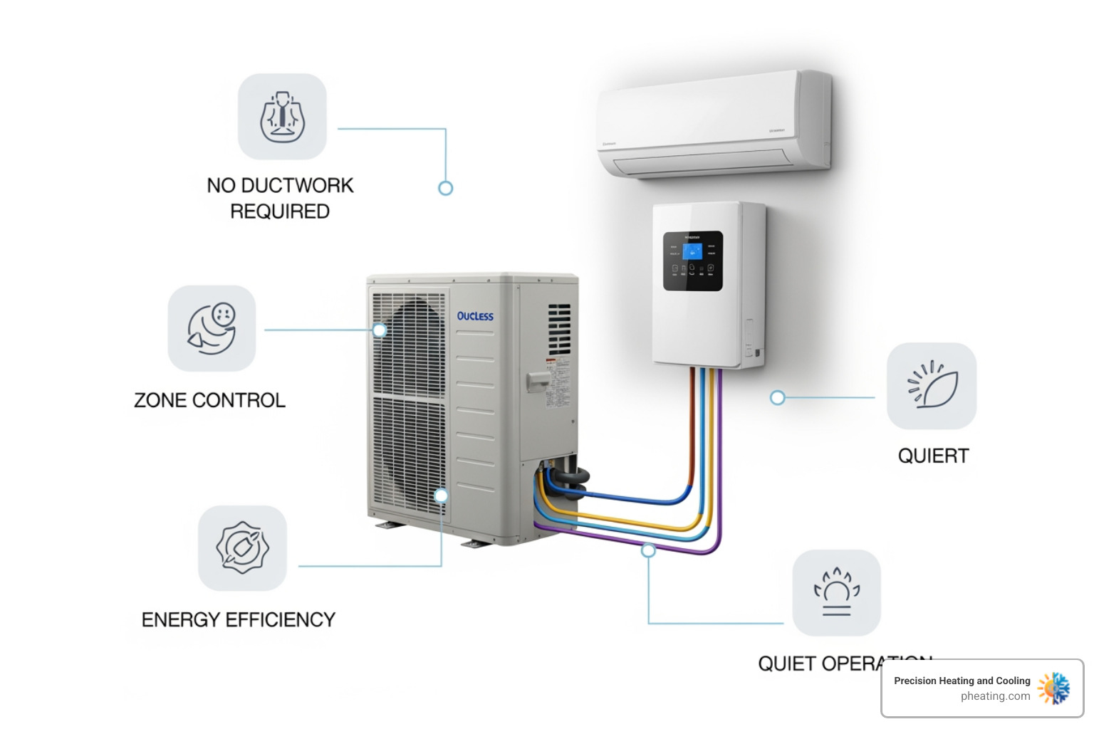 infographic showing the components of a ductless mini-split system including outdoor condenser unit connected to wall-mounted indoor air handler via refrigerant lines, with callouts for key benefits like no ductwork required, zone control, energy efficiency, and quiet operation - ductless ac installation company in clovis, ca