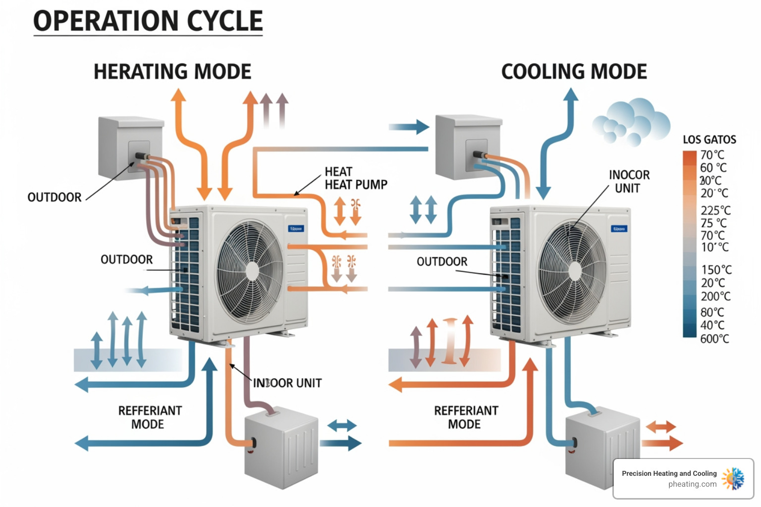 infographic showing heat pump operation cycle with arrows indicating heat transfer in heating mode and cooling mode, including outdoor unit, indoor unit, refrigerant flow, and temperature zones for Los Gatos climate - best heat pump repair in los gatos, ca