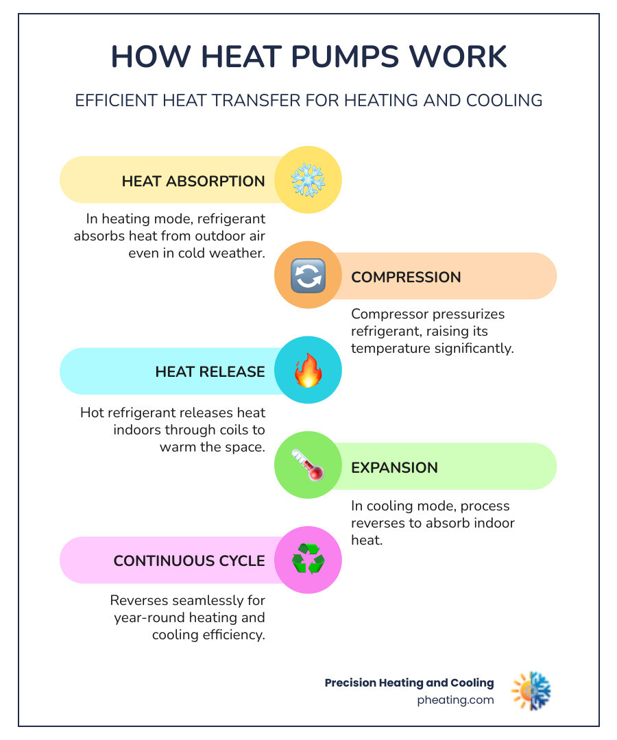 Infographic showing how commercial heat pumps transfer heat between indoors and outdoors for heating and cooling