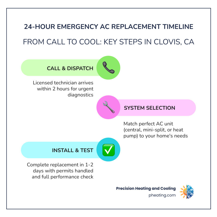 Infographic showing 24-hour emergency AC replacement timeline in Clovis CA with key steps - emergency ac installation in Infographic showing 24-hour emergency AC replacement timeline in Clovis CA with key steps - emergency ac installation in