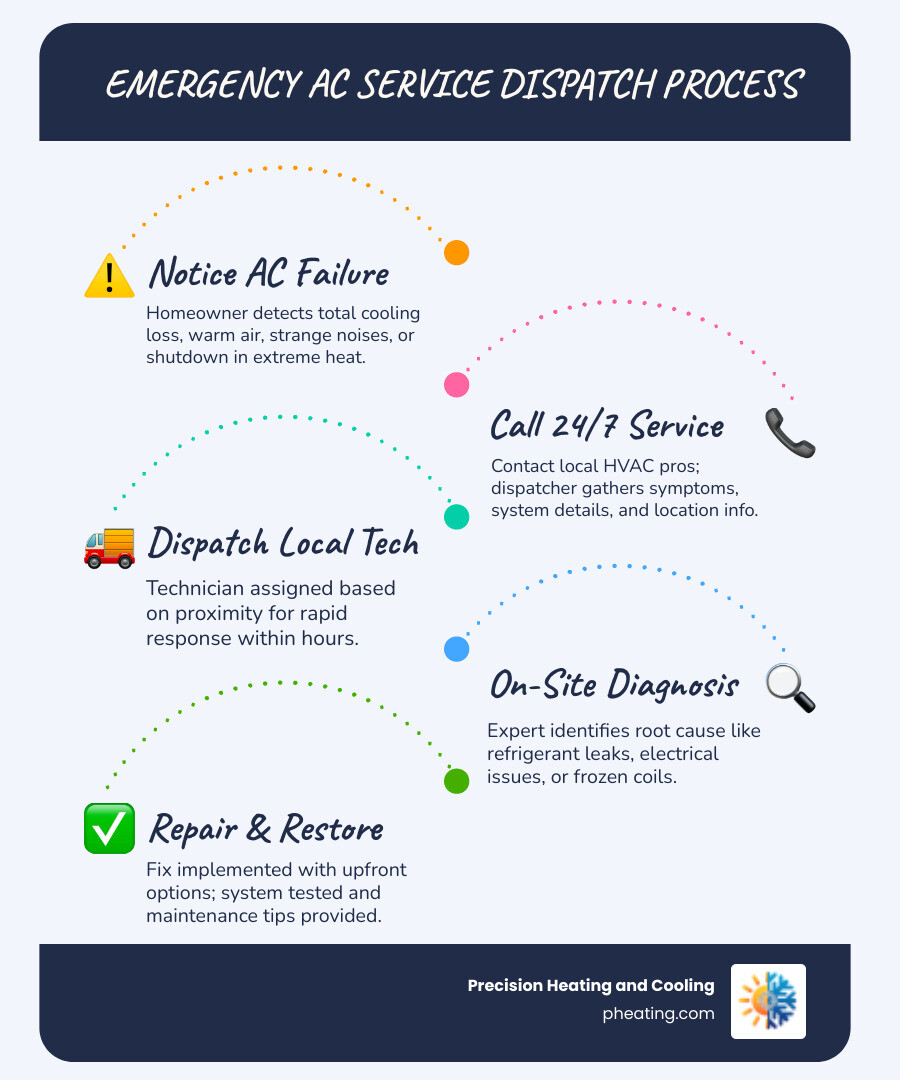 Infographic showing a step-by-step emergency AC service dispatch process in Clovis CA, including: Step 1 - Homeowner notices AC failure and calls 24/7 service line; Step 2 - Dispatcher gathers system details and symptoms; Step 3 - Local technician is dispatched and arrives within hours; Step 4 - On-site diagnosis identifies root cause; Step 5 - Repair or replacement recommendation is made with upfront options; Step 6 - System is restored and post-repair maintenance advice is provided; background shows a Central Valley home in summer heat with a thermometer icon indicating high outdoor temperatures - emergency ac service in clovis, ca infographic infographic-line-5-steps-blues-accent_colors
