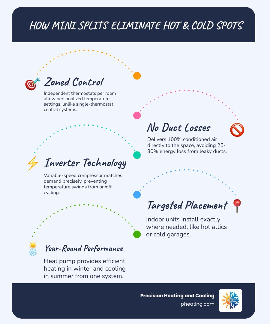 Infographic showing how mini splits use zoned control to eliminate hot and cold spots vs traditional ducted systems - how Infographic showing how mini splits use zoned control to eliminate hot and cold spots vs traditional ducted systems - how