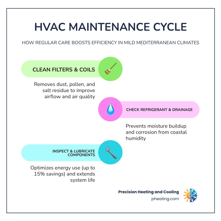 Infographic showing HVAC maintenance cycle: filter cleaning, coil inspection, refrigerant check, drainage, energy savings Infographic showing HVAC maintenance cycle: filter cleaning, coil inspection, refrigerant check, drainage, energy savings