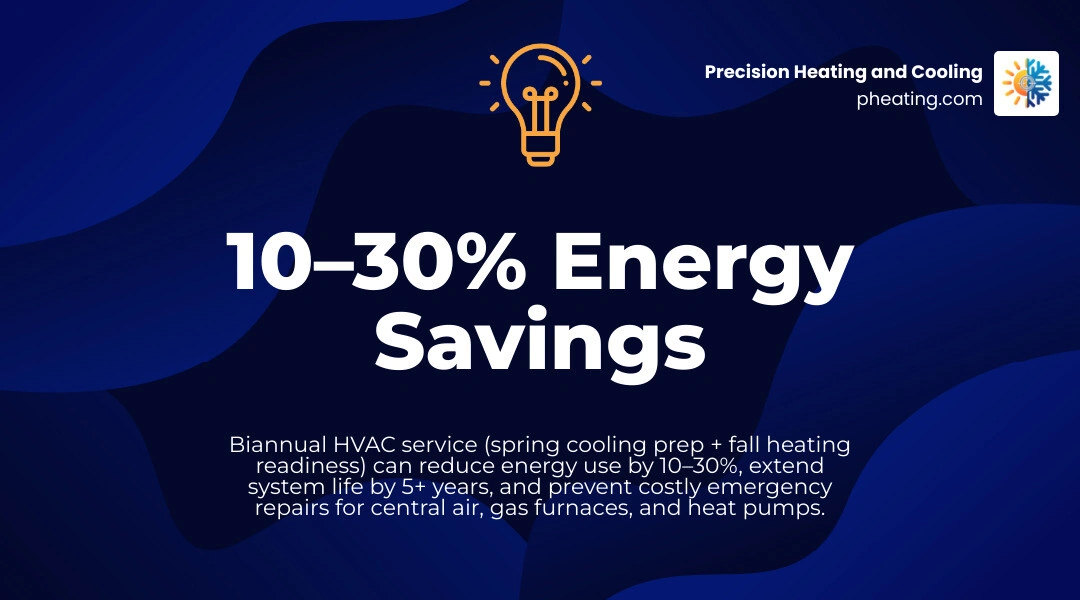 Infographic showing HVAC service frequency by system type and key benefits including 10-30% energy savings infographic