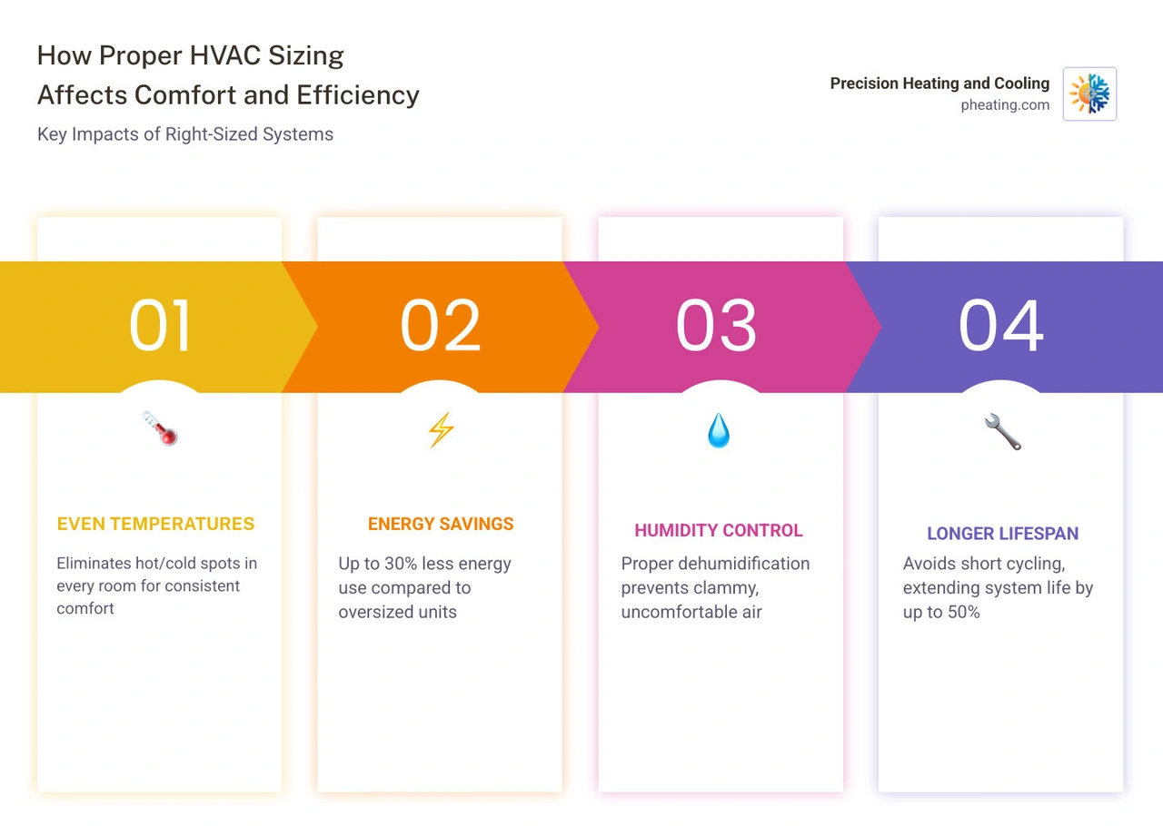 Infographic explaining how proper HVAC sizing affects comfort, efficiency, and system lifespan - how proper hvac sizing