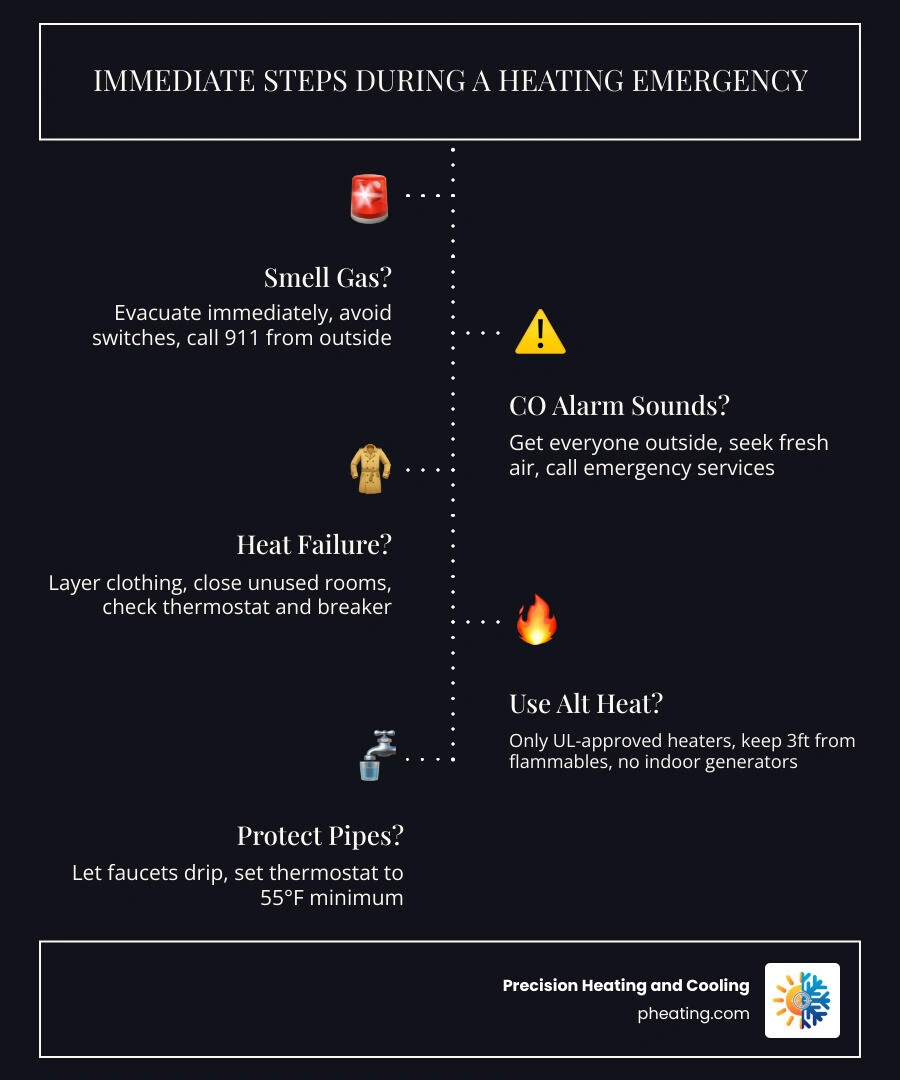 Infographic showing 7 immediate steps to stay safe during a home heating emergency infographic
