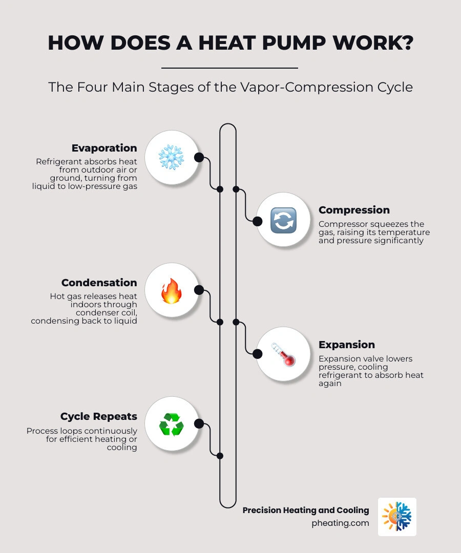 Infographic showing the four stages of the vapor-compression cycle in a heat pump system infographic