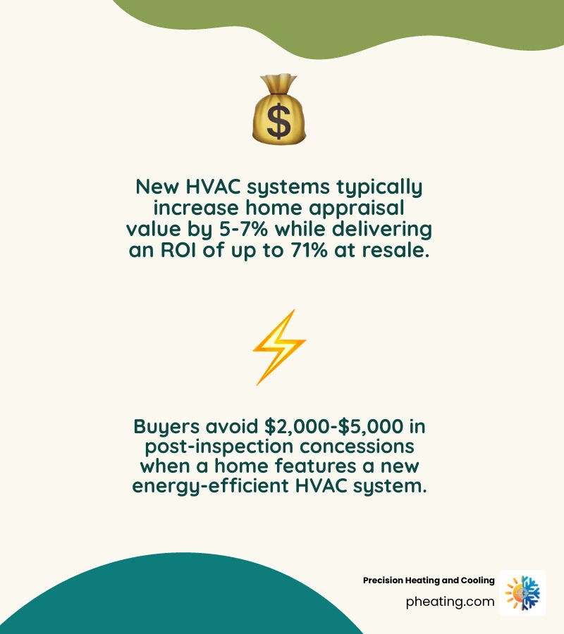 Infographic showing how a new HVAC system increases home value through appraisal, ROI, energy savings, and buyer appeal Infographic showing how a new HVAC system increases home value through appraisal, ROI, energy savings, and buyer appeal