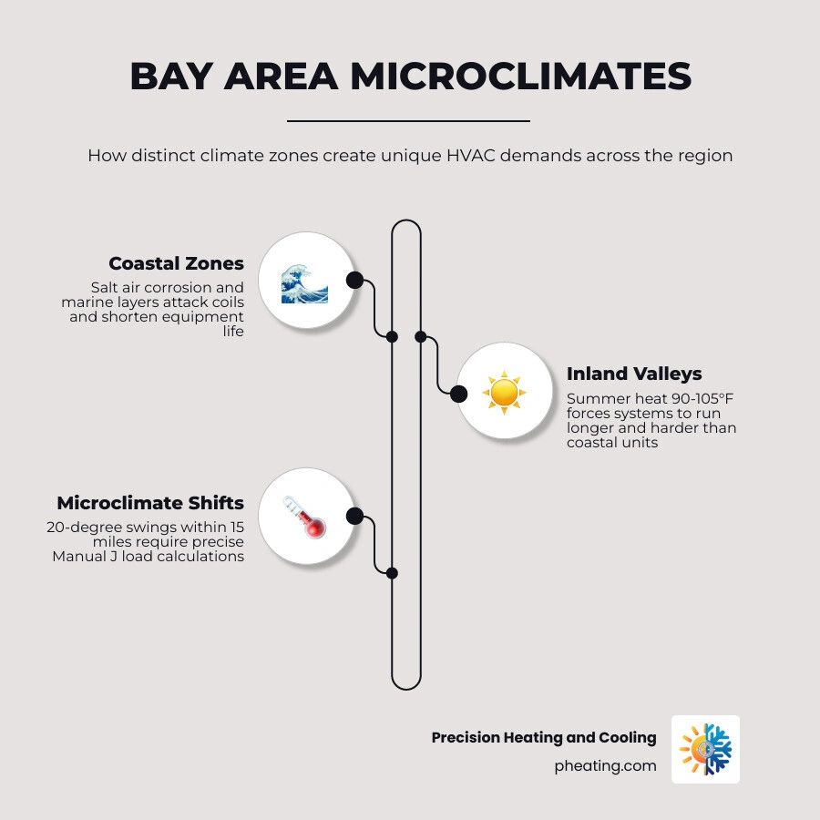 Infographic showing Bay Area climate zones and their HVAC demands by region infographic Infographic showing Bay Area climate zones and their HVAC demands by region infographic