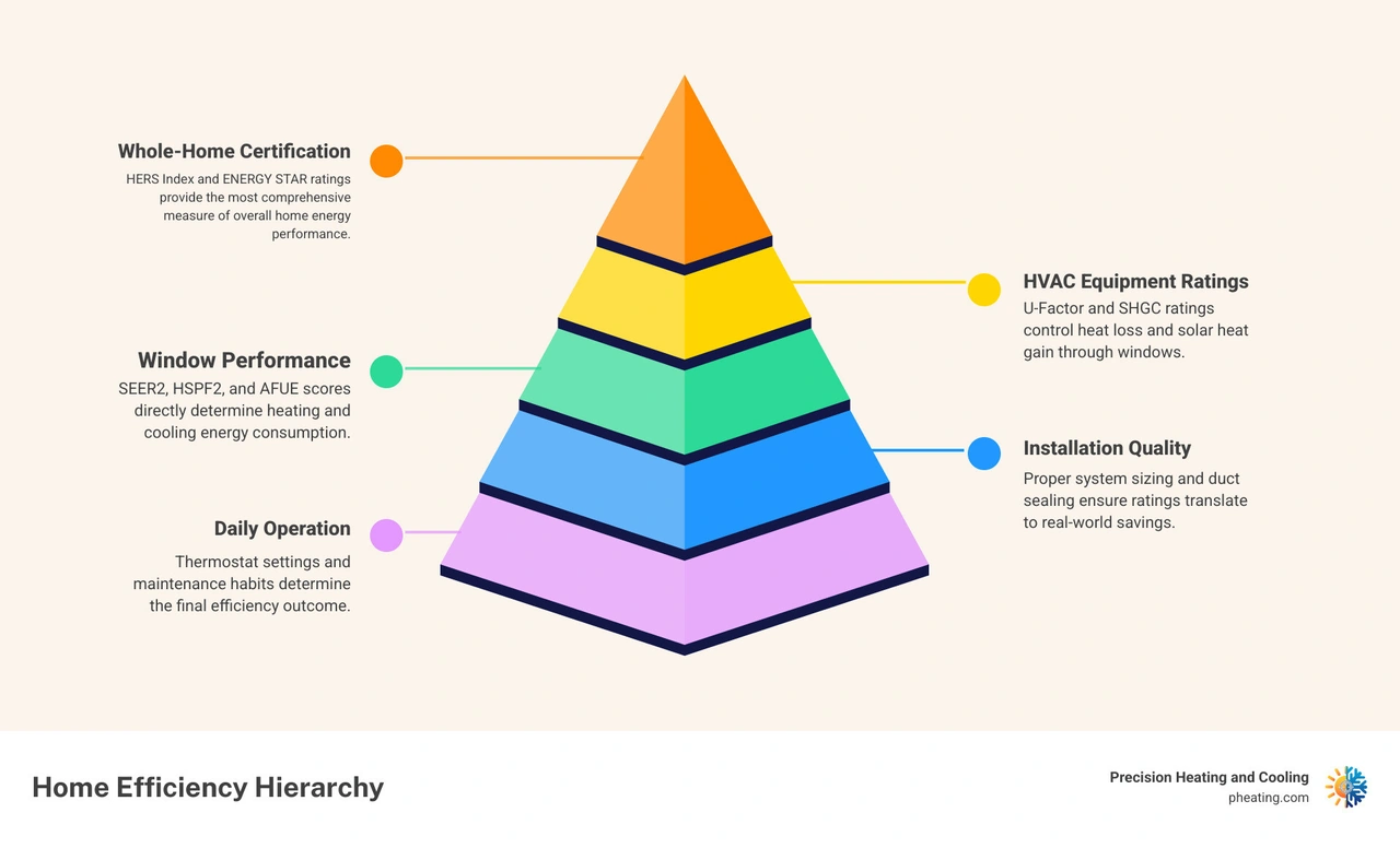 Infographic showing home energy efficiency rating systems including HERS Index, ENERGY STAR, SEER2, HSPF2, AFUE, U-Factor