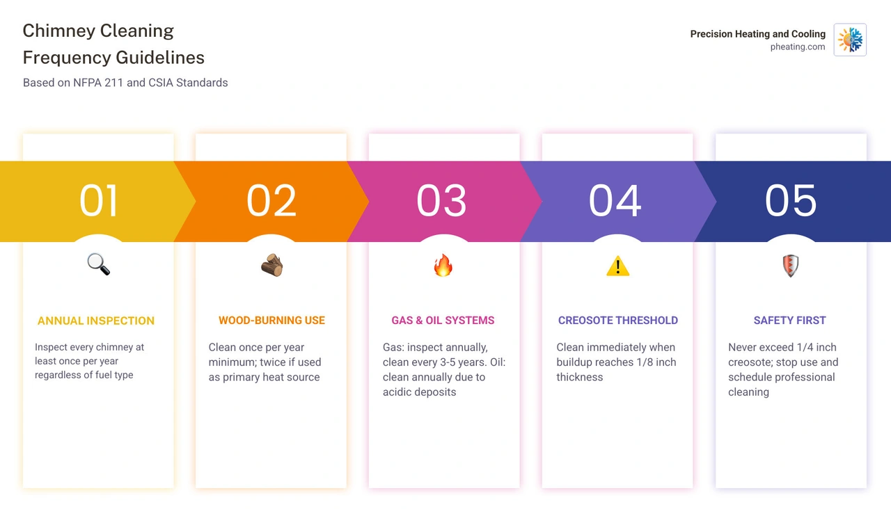 Infographic showing chimney cleaning frequency guidelines by appliance type, creosote threshold, and NFPA vs CSIA standards