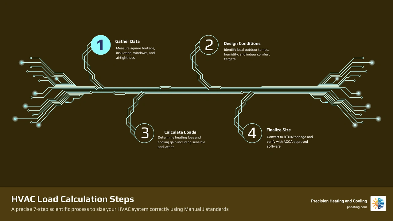 Infographic showing the 7 steps of an HVAC load calculation from data gathering to Manual J equipment sizing infographic