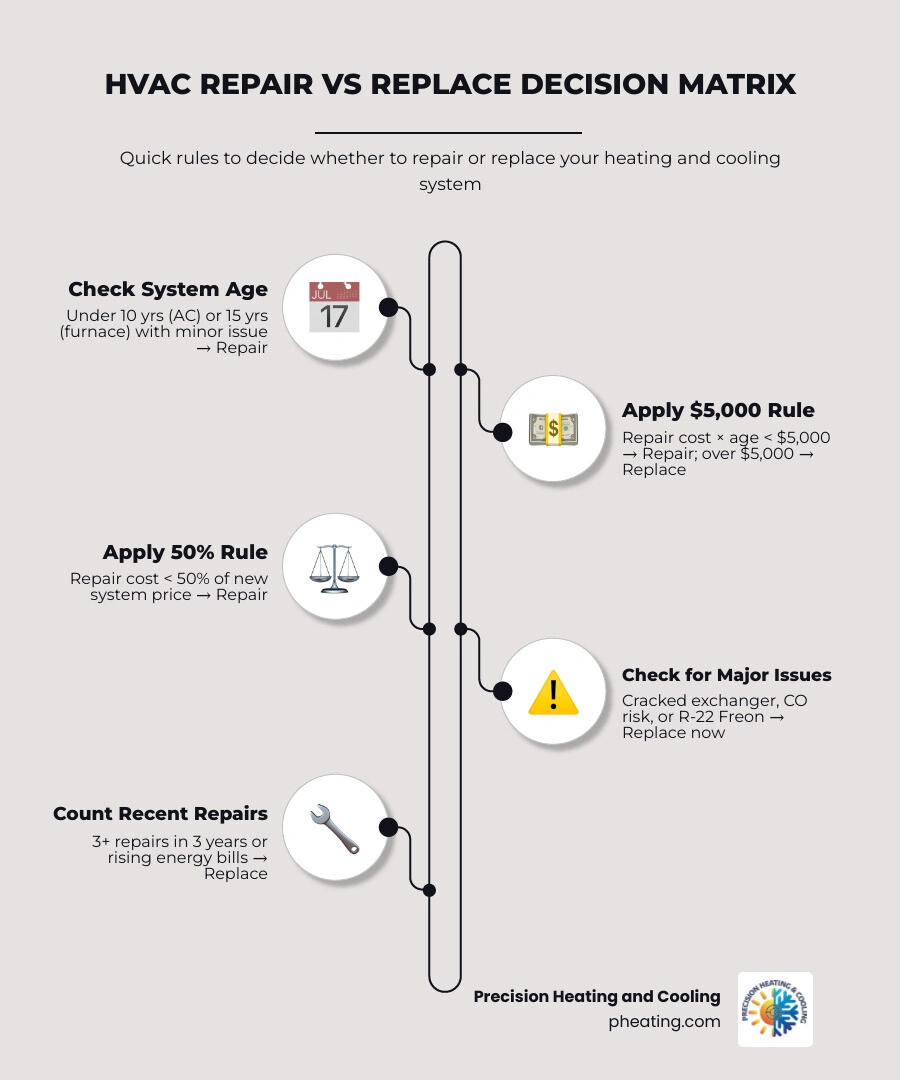HVAC repair vs replace decision matrix infographic with age thresholds, cost rules, and replacement signals infographic