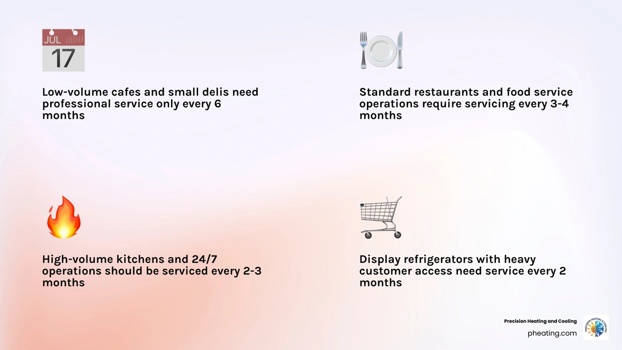 Infographic showing commercial refrigeration service frequency by business type and key maintenance milestones infographic Infographic showing commercial refrigeration service frequency by business type and key maintenance milestones infographic