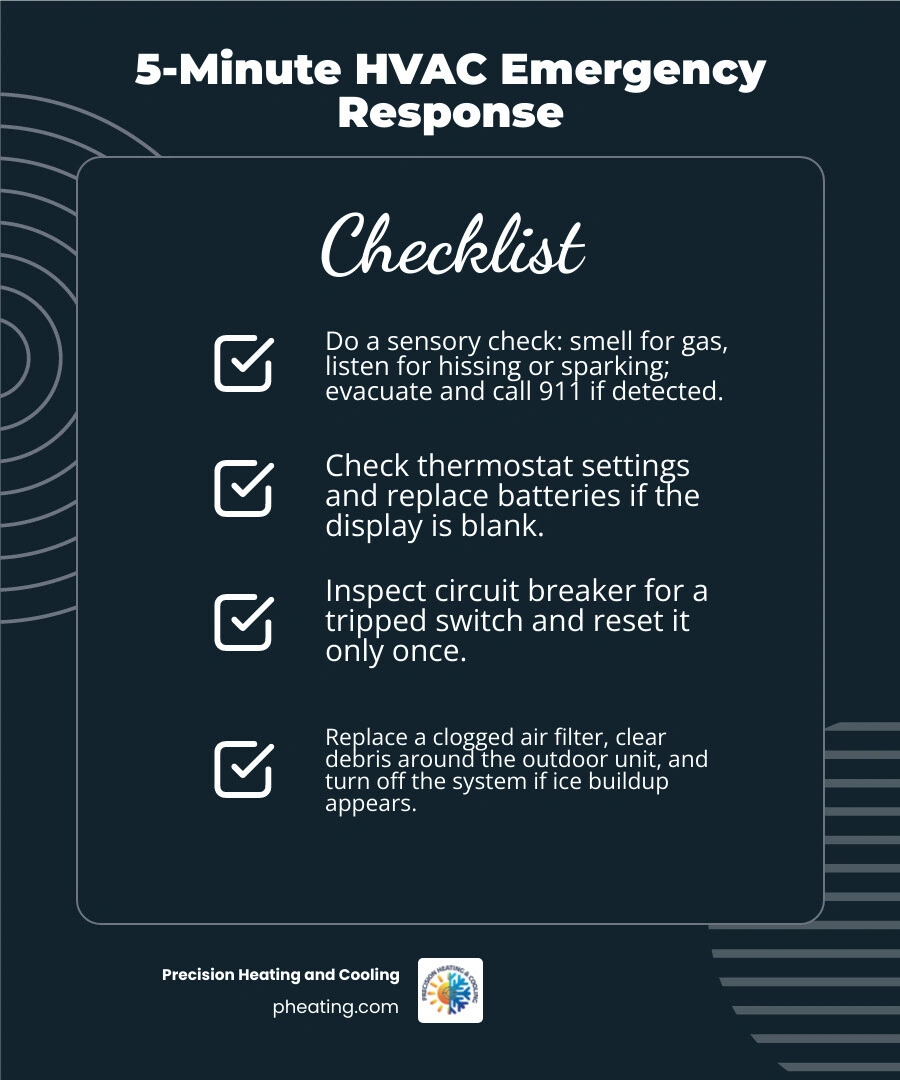 5-minute HVAC emergency response checklist infographic with steps: sensory check, thermostat, breaker, filter, outdoor unit 5-minute HVAC emergency response checklist infographic with steps: sensory check, thermostat, breaker, filter, outdoor unit