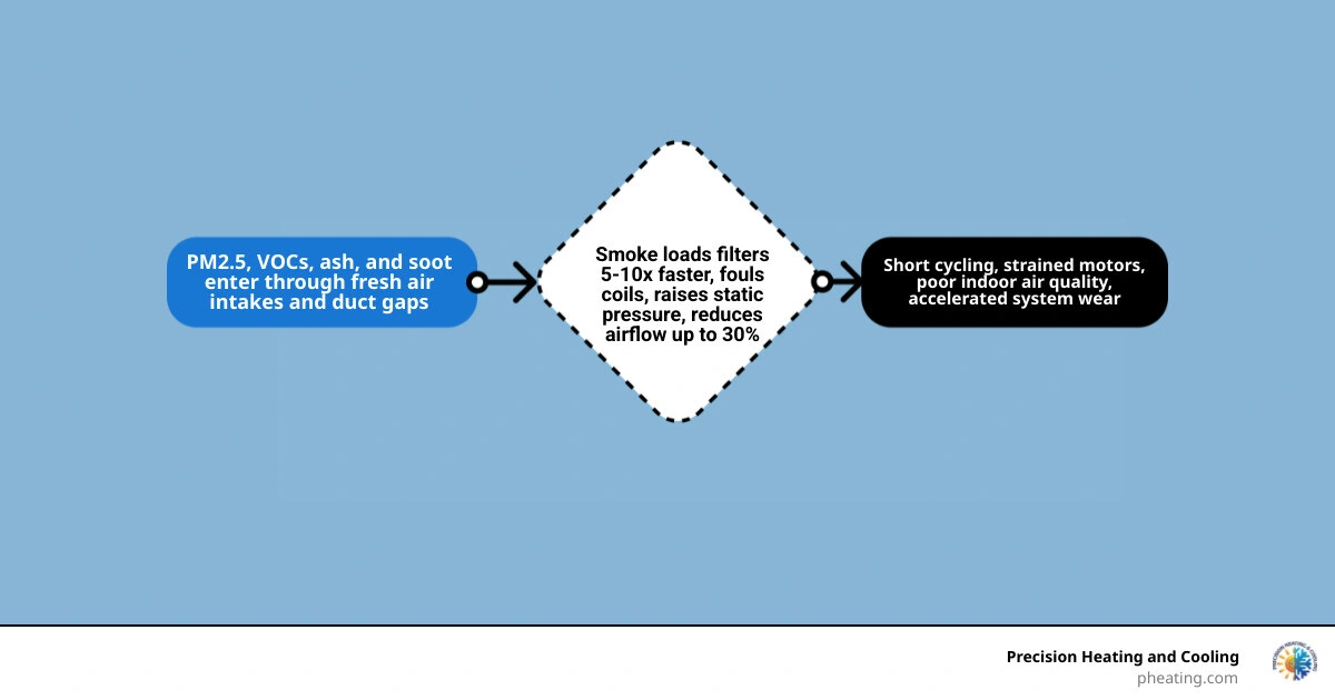 Infographic showing how wildfire smoke particles enter home HVAC systems through fresh air intakes, duct gaps, and Infographic showing how wildfire smoke particles enter home HVAC systems through fresh air intakes, duct gaps, and