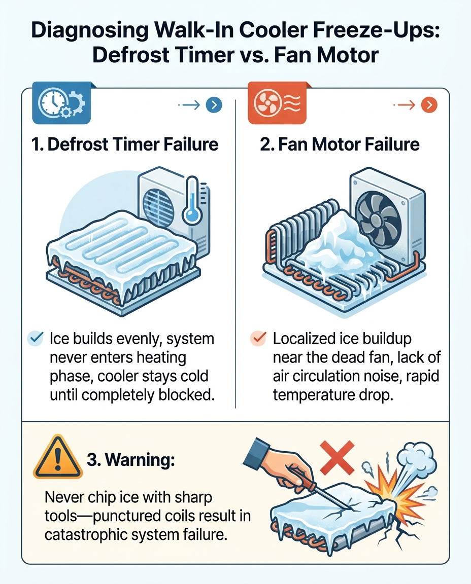 Diagnosing Walk-In Cooler Freeze-Ups: Defrost Timer vs. Fan Motor
