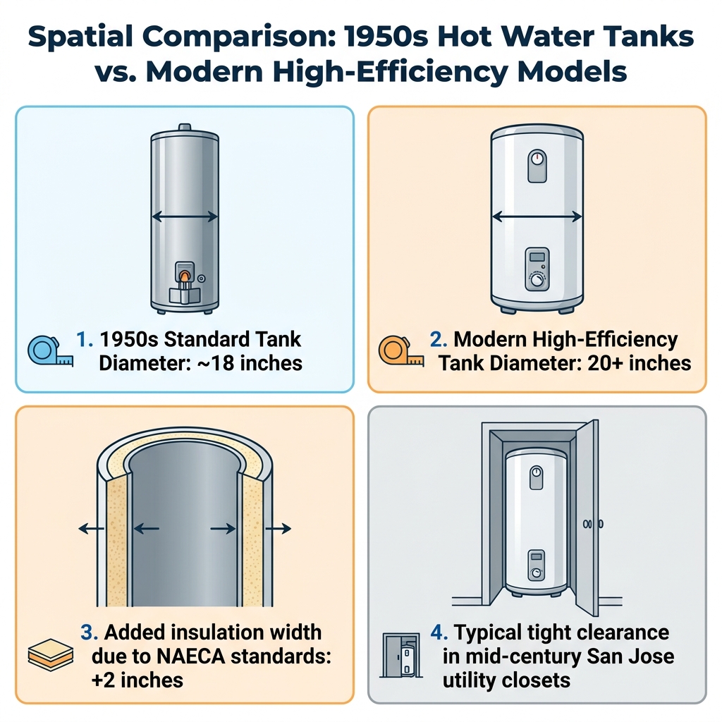 Spatial Comparison: 1950s Hot Water Tanks vs. Modern High-Efficiency Models