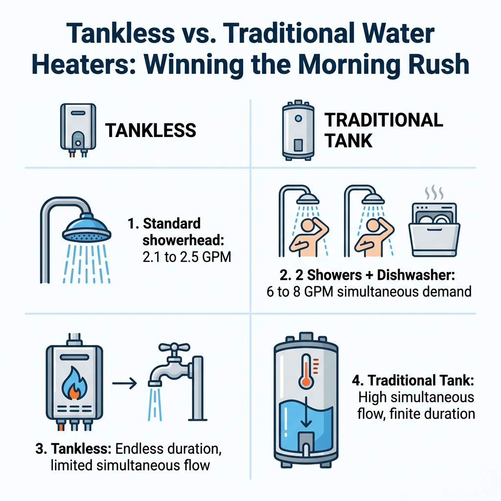 Tankless vs. Traditional Water Heaters: Winning the Morning Rush