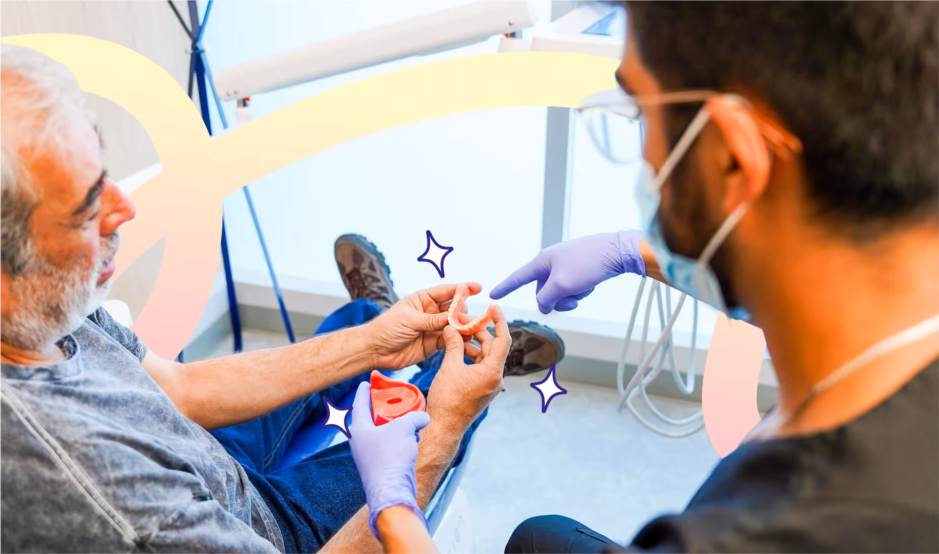 Dentist in Mexico City showing a patient a full-arch All-on-6 dental-implant model during the initial consultation at hisonrisa clinic.
