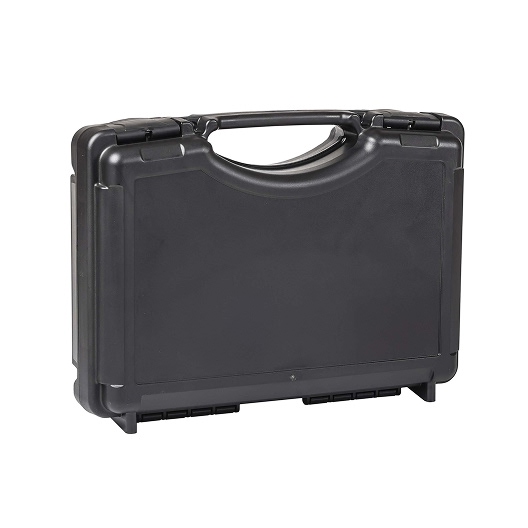 Durable black plastic carrying case.