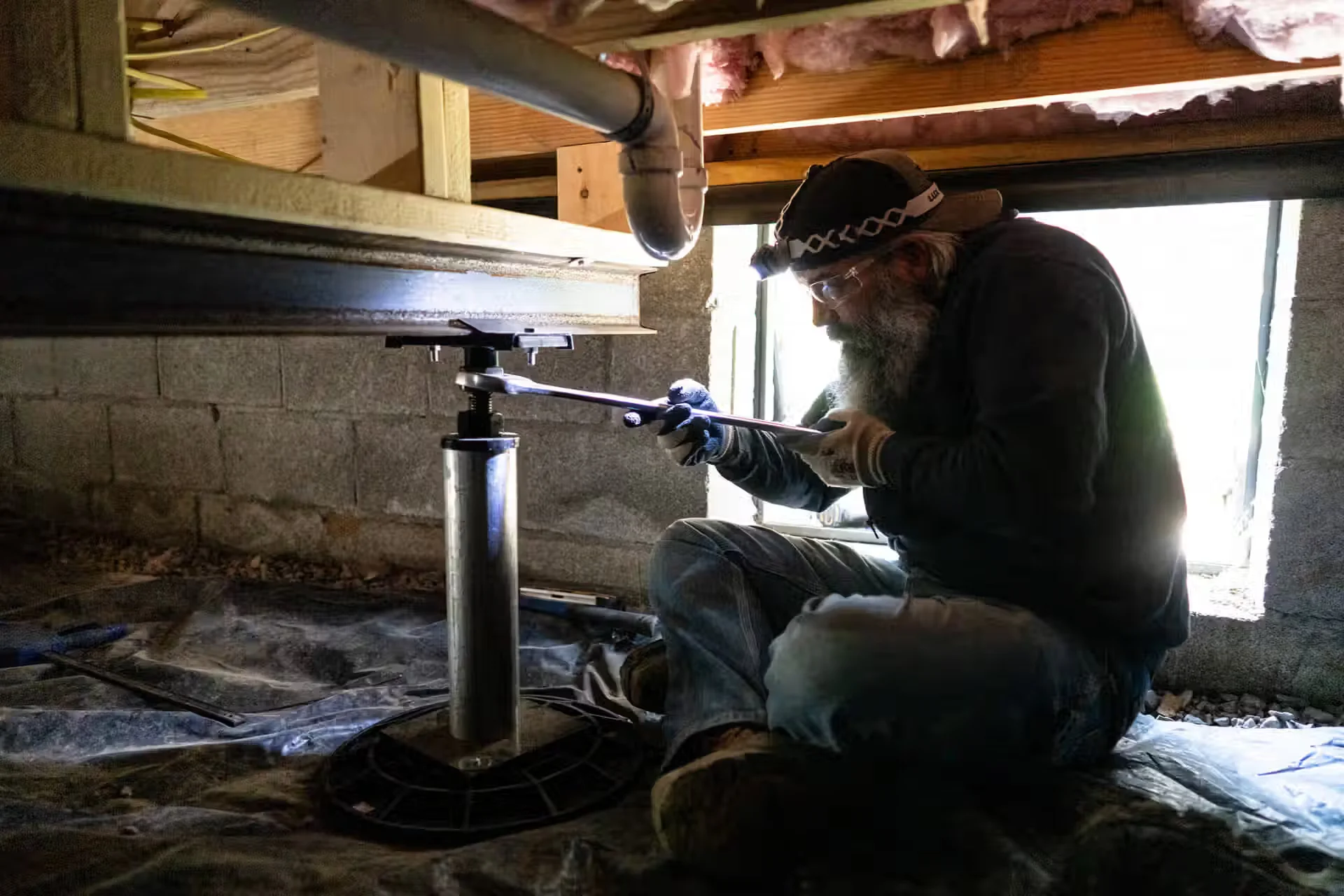 worker installing floor support jack in a dark crawl space
