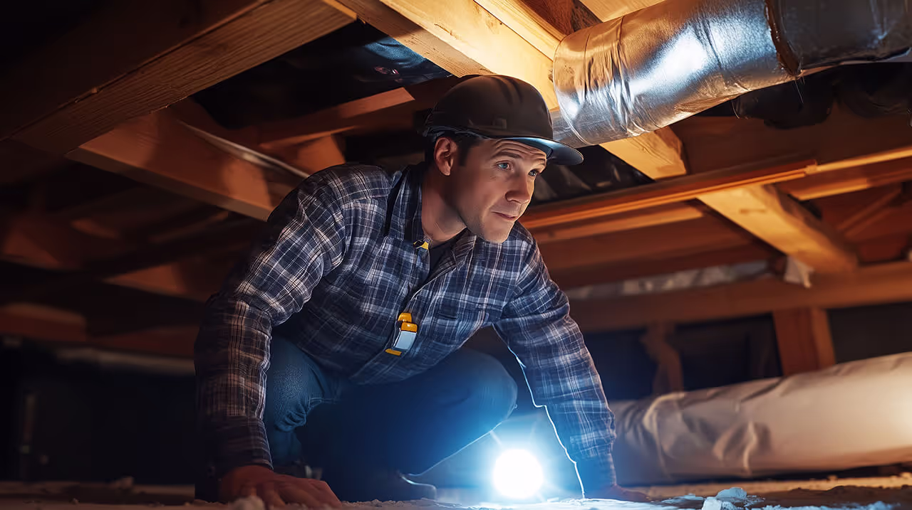 Crawl space repair technician working beneath residential home