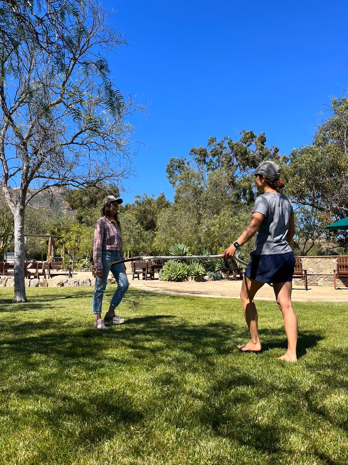 Two people standing on grass holding a long stick outdoors under a clear blue sky.
