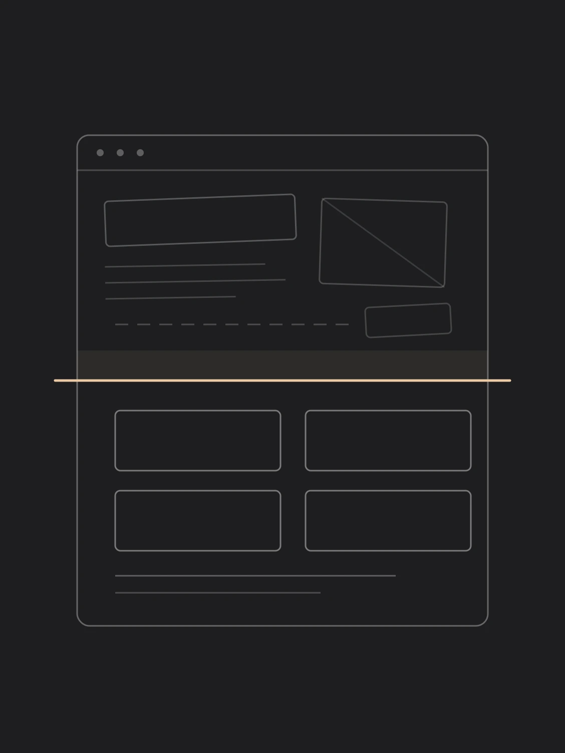 Wireframe di un sito web attraversato da una linea di analisi: disordinato sopra, ordinato sotto.