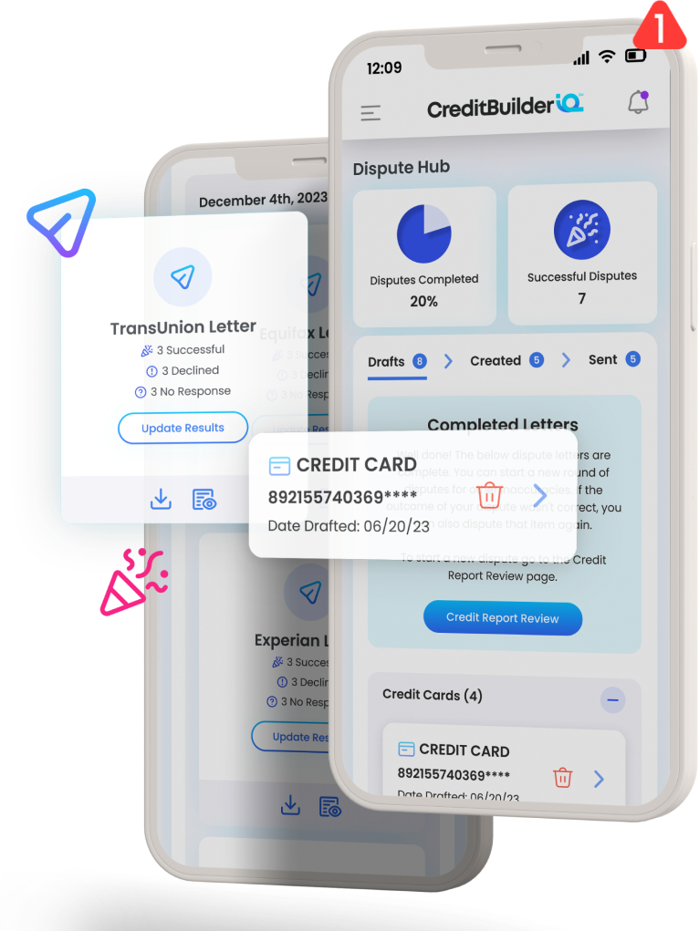 Two phones showing CreditBuilderIQ interface with widgets popping out