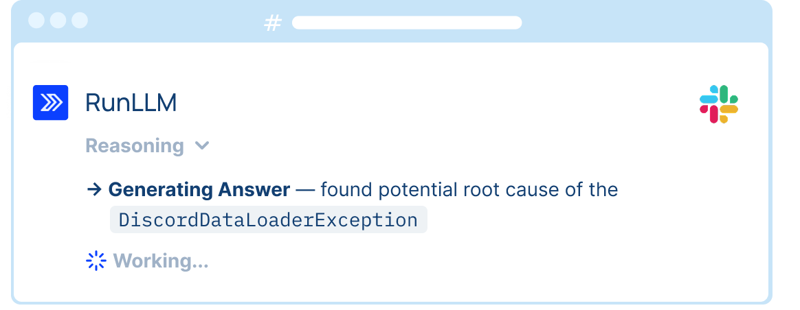 RunLLM interface displaying 'Generating Answer' message about DiscordDataLoaderException with a loading indicator.