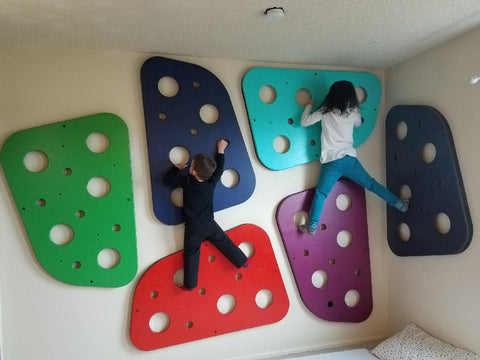 two kids climbing on a home climbing wall