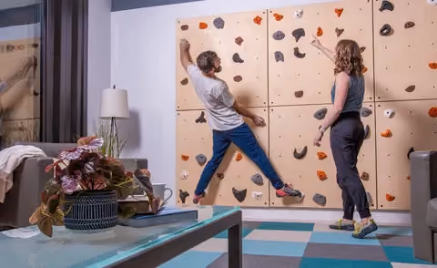 Two adults playing on a home climbing wall