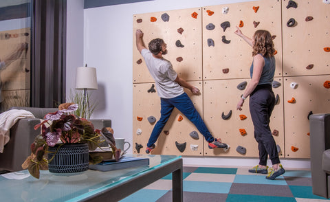 Two adults playing on a home climbing wall
