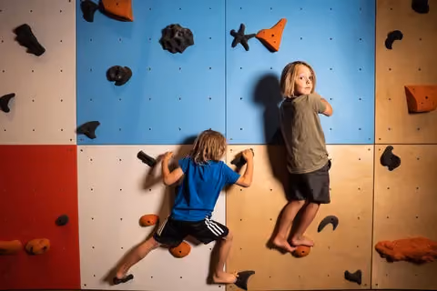 two kids climbing on a home climbing wall